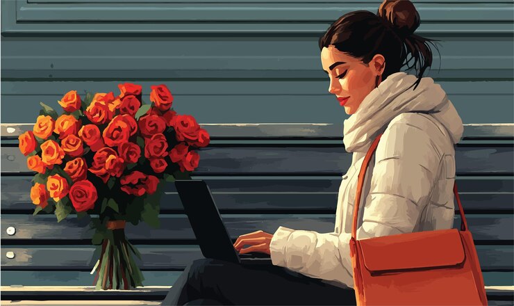 Vector una joven alegre con un ramo de flores frescas