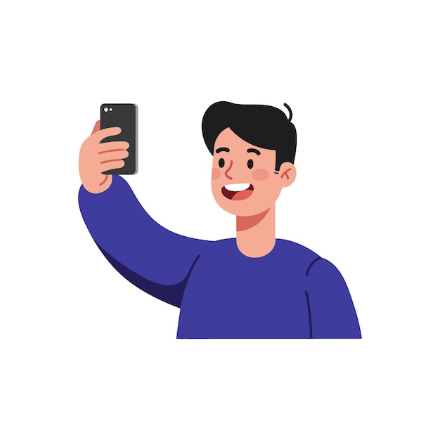 Un joven alegre tomando una selfie en el arte vectorial de diseño plano minimalista