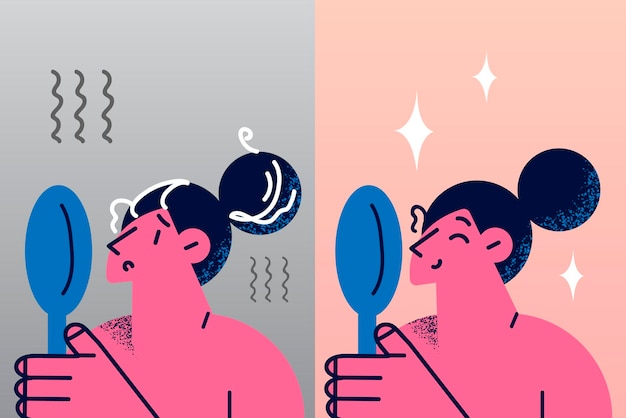 Una joven ansiosa se mira en el espejo estresada con el primer pelo gris en la cabeza, feliz después del peinado y el tratamiento del salón. comparación de mujeres antes y después del salón de belleza. ilustración vectorial