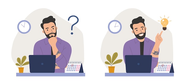 Joven antes de la computadora portátil con signo de interrogación y encontrar una nueva idea Ilustración de vector de dibujos animados plana