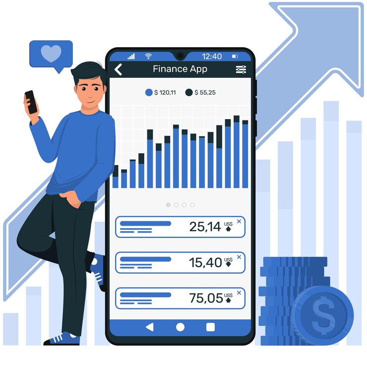 Vector joven con la aplicación de finanzas para ver el móvil