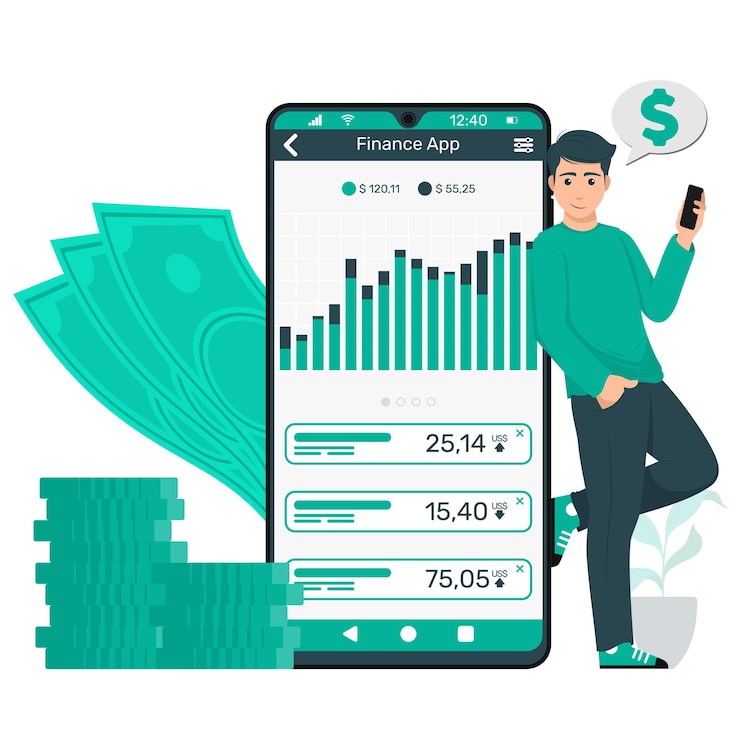 Vector joven con la aplicación de finanzas para ver el móvil