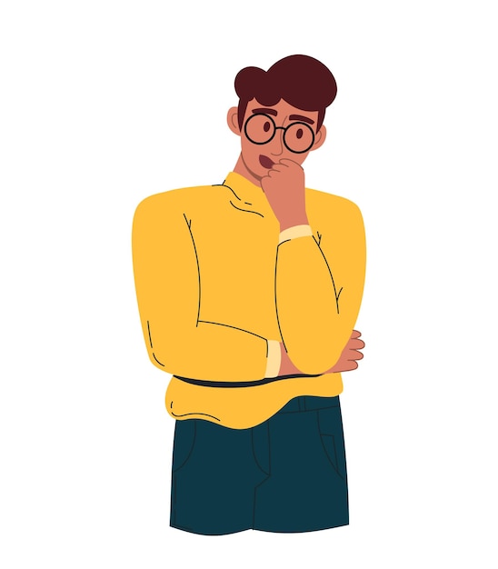 Vector un joven apuesto en duda en una camisa amarilla y pantalones verdes ilustración vectorial de un piso