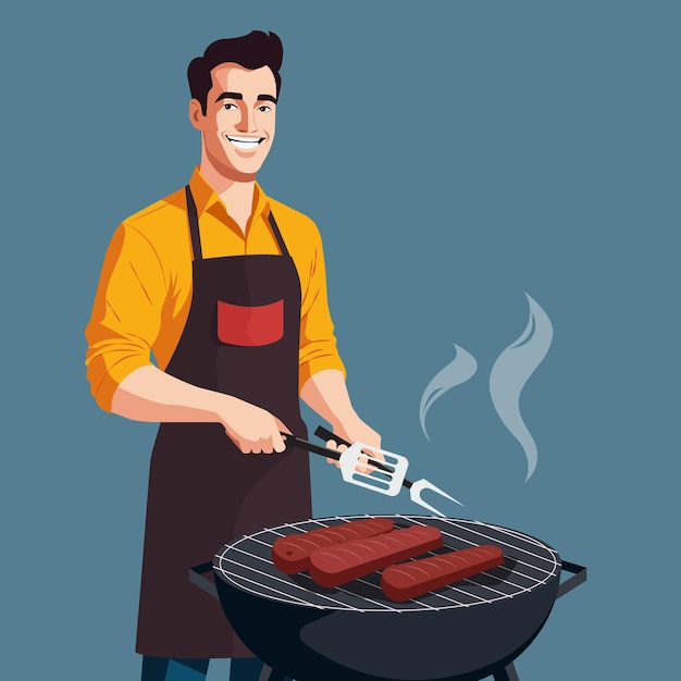 Un joven apuesto con una espátula y un tenedor fritando carne en una barbacoa