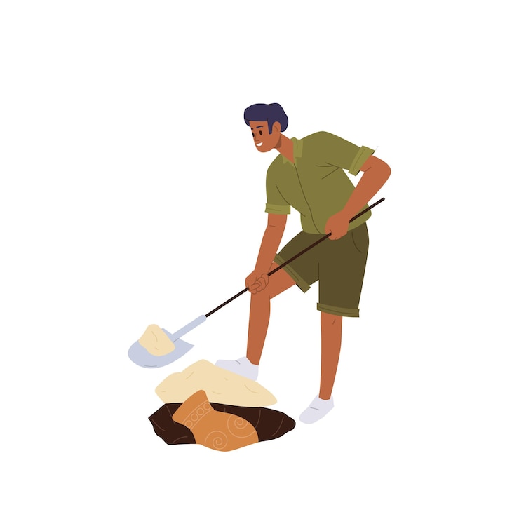 Vector joven arqueólogo cavando un agujero en el suelo y encontrando un antiguo jarrón de diseño de escena de la época antigua aislado sobre un fondo blanco ilustración vectorial de un buscador de caracteres fósiles de artefactos cazador