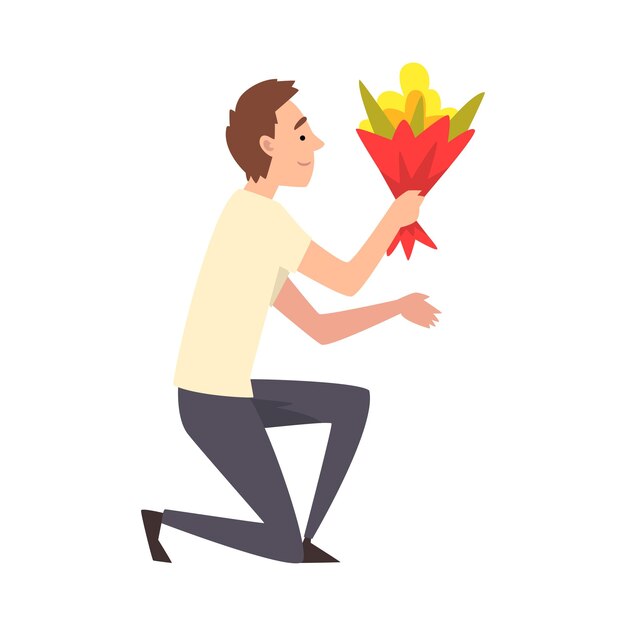 Joven arrodillado con un ramo de flores Chico haciendo una propuesta de matrimonio Felicitaciones por el cumpleaños o la fecha romántica Ilustración vectorial en fondo blanco