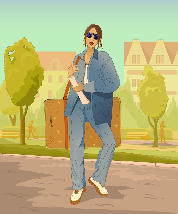 Vector joven artista con caballete caminando por el parque tiene una hoja de papel en la mano una maleta para un caballete plaza con adoquines casas de estilo europeo día soleado de verano ilustración vectorial