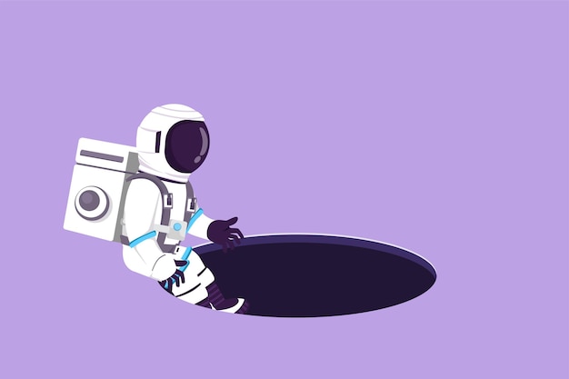 El joven astronauta de dibujo plano del personaje desciende al agujero en la superficie de la luna Concepto de no aprovechar las oportunidades de exploración Cosmonauta en el espacio exterior Diseño de dibujos animados ilustración vectorial
