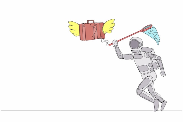 Un joven astronauta intenta atrapar un maletín volador con una red de mariposas.