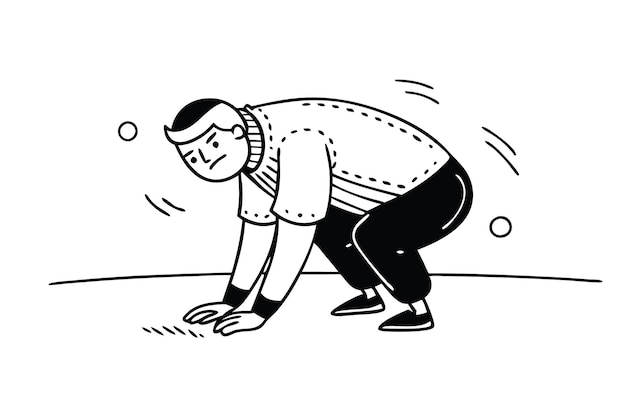 Joven atleta cansado de pie inclinado en el parque y sosteniendo la mano en el pecho sintiendo un dolor intenso Línea de pincel dibujada a mano Ilustración plana aislada sobre fondo blanco