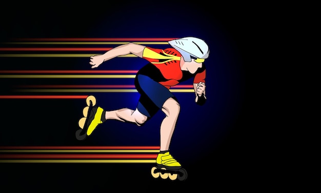 Vector un joven atleta corre en patines de ruedas contexto dinámico abstracto