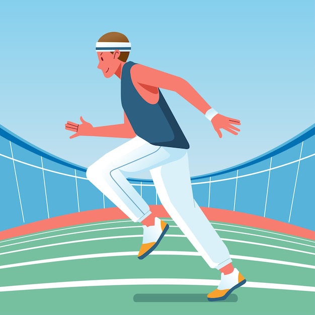 Un joven atleta está practicando correr en la ilustración de vector plano del estadio