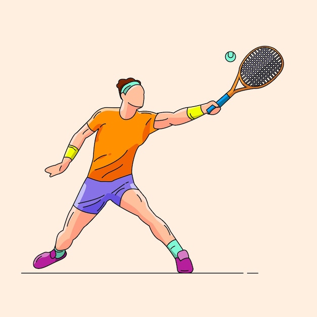 Vector joven atleta jugando tenis y golpeando la pelota con raqueta vector ilustración plana aislada sobre fondo blanco