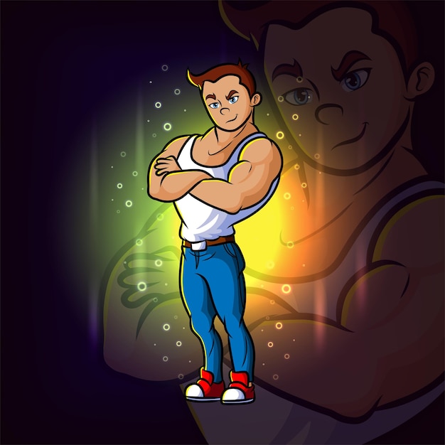 El joven atlético con diseño de mascota de esport de cuerpo musculoso de ilustración