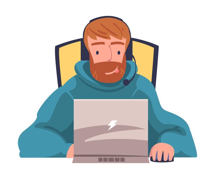 Vector joven en auto-aislación jugando a videojuegos en la computadora portátil y con auriculares de ilustración vectorial