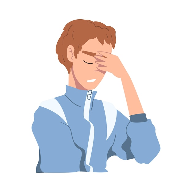 Joven avergonzado Personaje arrepentido Personaje disculpado y disculpándose Ilustración vectorial de estilo dibujos animados