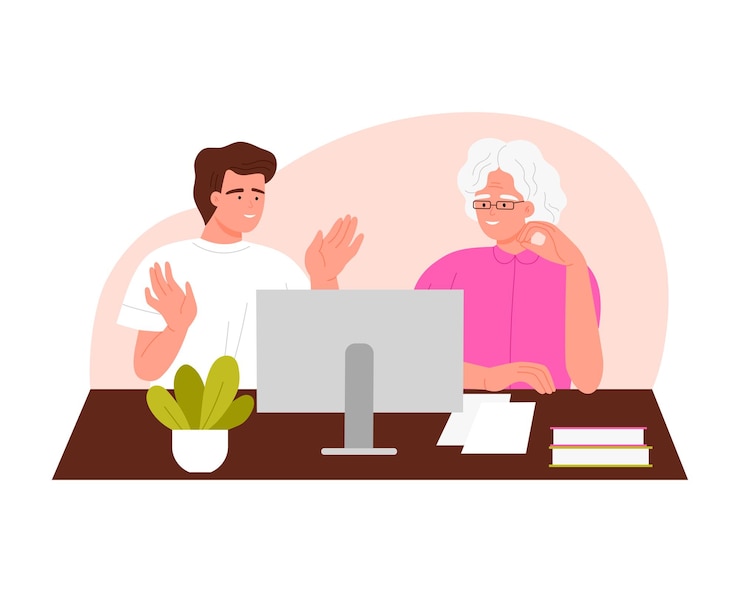Vector joven ayudando a una anciana a usar la computadora nieto enseñando a la abuela