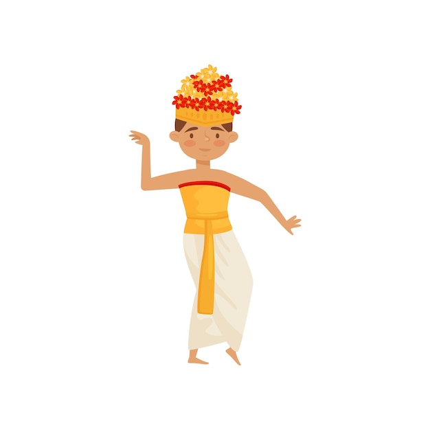 Joven bailando danza tradicional balinesa chico vestido con traje nacional para la ceremonia viaje a bali indonesia personaje masculino de dibujos animados diseño vectorial plano colorido aislado en fondo blanco