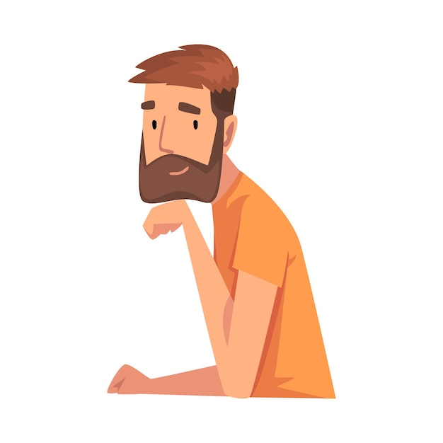 Joven barbudo mirándonos hombre sentado con la cabeza apoyada en la mano ilustración vectorial