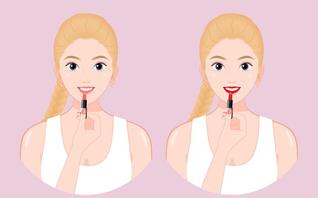 Joven bastante estadounidense con cabello rubio piel clara aplicando lápiz labial rojo concepto de cuidado de labios maquillaje