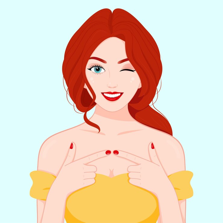 joven, bastante, pelo rojo, mujer, sonriente, llevando, vestido, poiting, mano, gesto, pelo rizado, piel clara