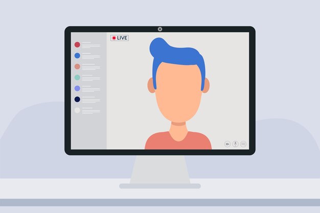 Joven bloguero con cabello azul en transmisión en vivo de eventos en línea Videoconferencia de trabajo remoto Concepto de Vlogger Ilustración de personas planas vectoriales