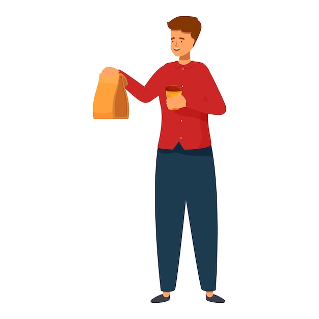 Joven con bolsa de almuerzo y taza de café