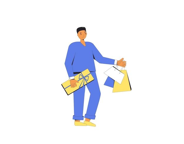 Joven con bolsas de compras Niño de pie y sosteniendo sus compras