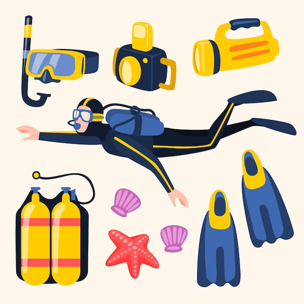 Vector joven buceador con un conjunto de equipos para la profesión de dibujos animados de buceo