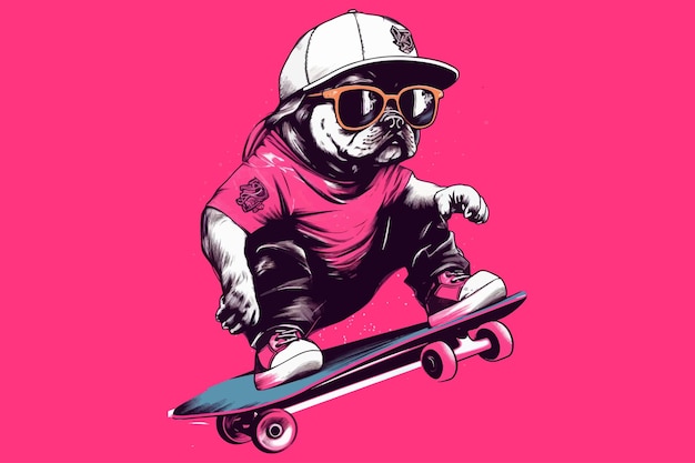 Un joven bulldog negro con sombrero y gafas monta una patineta sobre un fondo rosa Ilustración vectorial