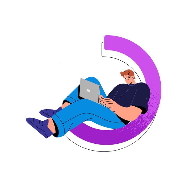 Joven busca información en Internet Trabajador escribiendo en computadora portátil trabajador independiente trabajo remoto Estudiante estudia usando computadora Educación en línea Ilustración vectorial aislada plana sobre fondo blanco