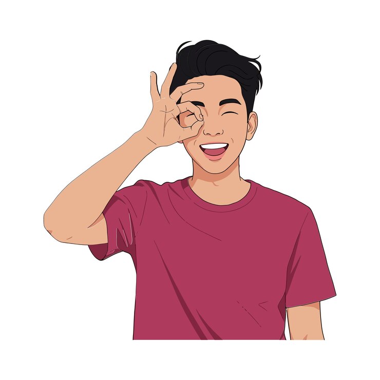 Vector un joven de cabello negro con una camiseta marrón haciendo un gesto de "okay" en el ojo en una ilustración vectorial de estilo minimalista alegre
