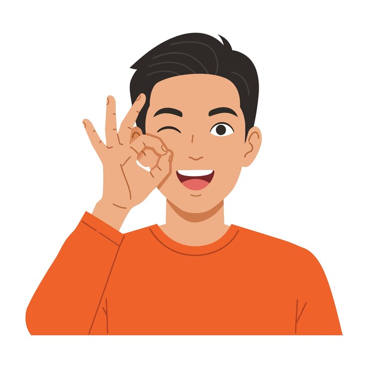 Vector joven con cabello oscuro guiñando el ojo y haciendo un gesto de "okay" con camisa naranja. ilustración vectorial de diseño plano.