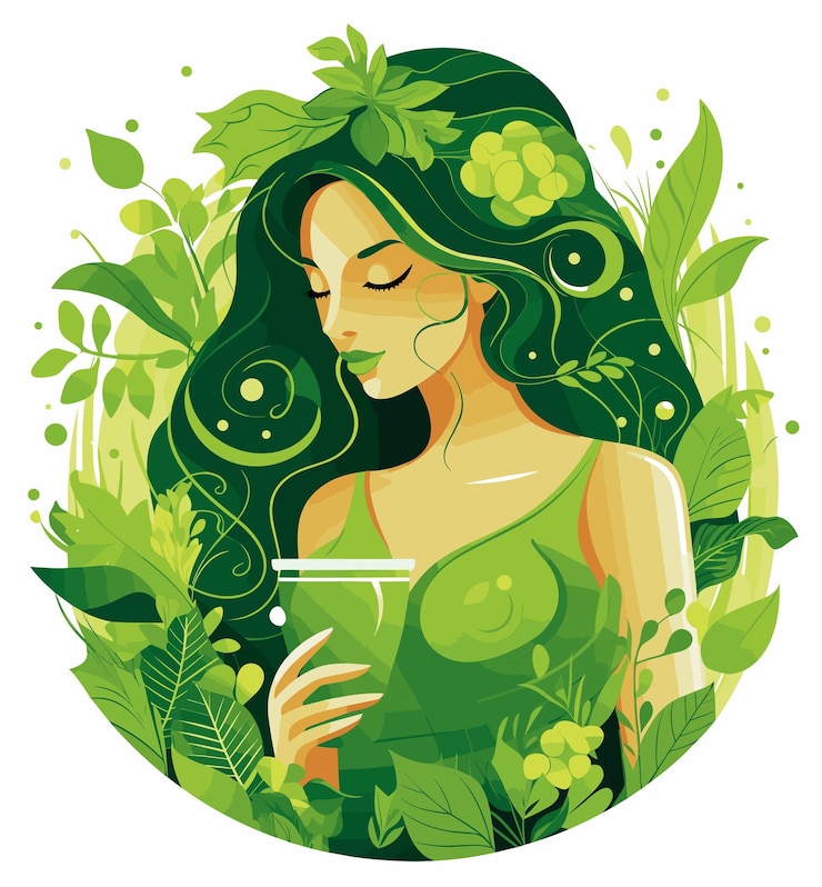 Vector una joven de cabello verde sostiene delicadamente una taza de té verde rodeada de un ambiente acogedor y una suave luz del sol con un vestido de color pastel