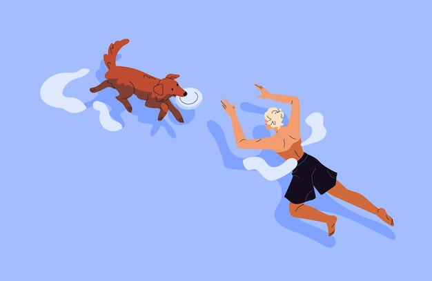 Un joven y un cachorro gracioso juegan a un disco volador en la vista superior del mar. Un niño y un perro se divierten juntos en el agua. Un dueño feliz y una mascota están nadando en la piscina en vacaciones de verano. Ilustración de vector aislado plano