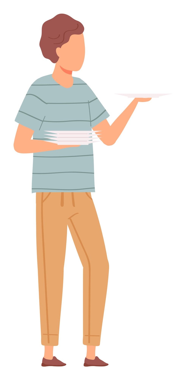 Vector joven camarero equilibrando una pila de platos traje casual cabello marrón camisa a rayas pantalones beige