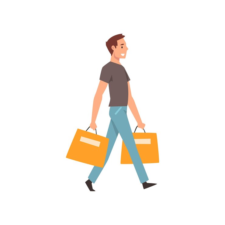 Vector joven caminando con bolsas de compras chico comprando bienes o regalos vector ilustración aislada sobre fondo blanco