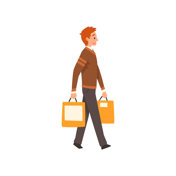 Vector joven caminando con bolsas de compras hombre comprando bienes y regalos vector ilustración aislada sobre fondo blanco