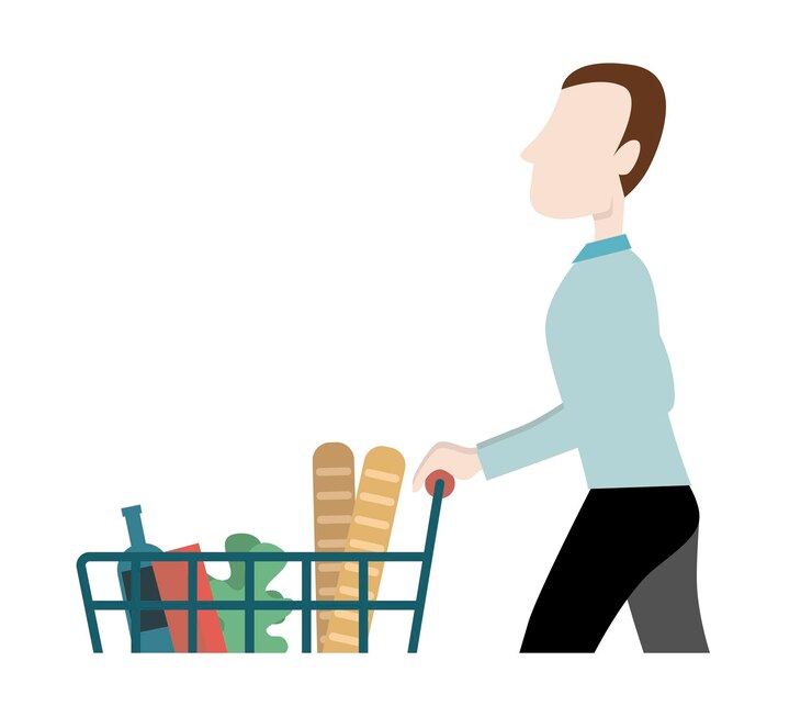 Vector joven caminando y comprando con carrito de compras ilustración vectorial estilo de diseño plano