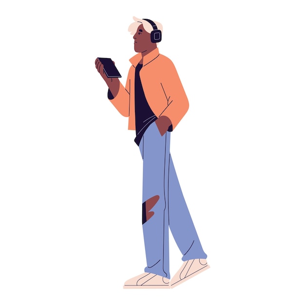 Joven caminando con traje urbano Niño con auriculares escuchando música o mensajes de voz Persona sostiene un teléfono inteligente en la mano y llama a alguien Ilustración vectorial plana aislada sobre fondo blanco