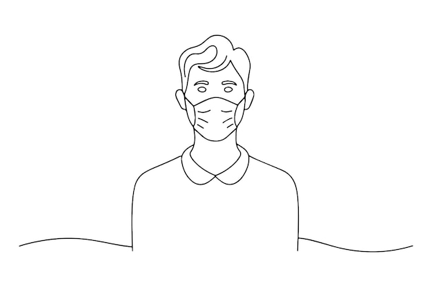 Joven con camisa blanca y máscara Ilustración vectorial de arte de línea continua de una línea