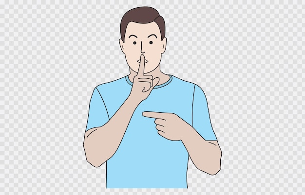 Un joven con una camiseta parece confiado con el dedo en los labios y sonriendo aislado en un fondo transparente