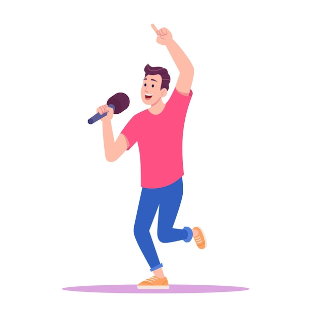 Vector joven con camiseta roja y zapatillas de deporte bailando y cantando una canción de karaoke