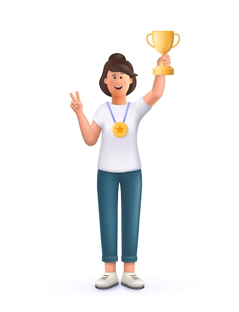 La joven campeona de Jane sostiene la copa de oro, galardonada con el premio, gana el premio. Concepto de celebración de logro de objetivos. Ilustración de personaje de gente de vector 3D.