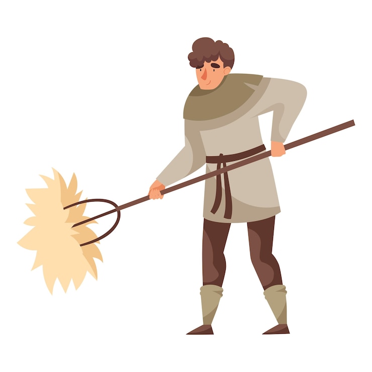 Vector joven campesino medieval que lleva heno con una ilustración de vector de rastrillo