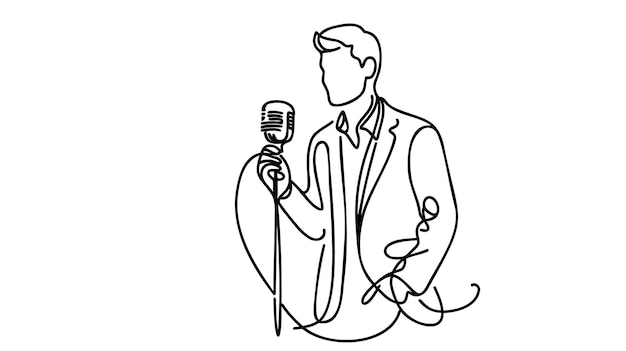 Joven cantando en un micrófono retro Dibujo continuo de una línea Ilustración vectorial
