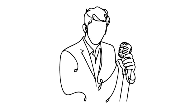 Joven cantando en un micrófono retro Dibujo continuo de una línea Ilustración vectorial