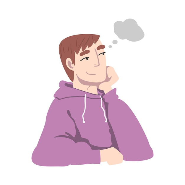 Joven con capucha soñando y fantaseando imaginando algo en su cabeza Ilustración vectorial