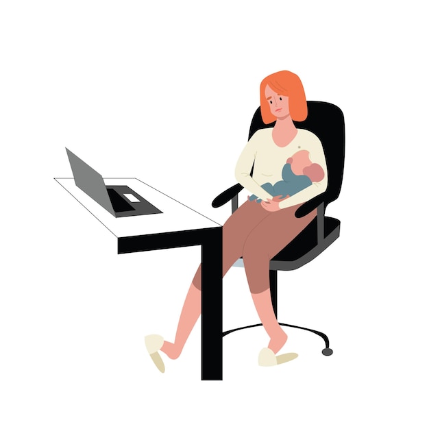 Una joven caricaturista está viendo una película y amamantando a un bebé. licencia de maternidad. una madre está sentada frente a una computadora con un niño en brazos. ilustración vectorial sobre un fondo blanco aislado.