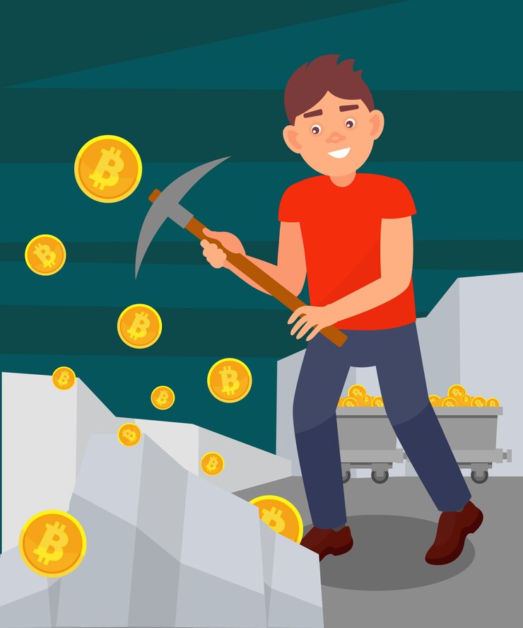 Vector joven cavando monedas de roca con pico, hombre minero bitcoins, tecnología de minería de criptomonedas ilustración en estilo